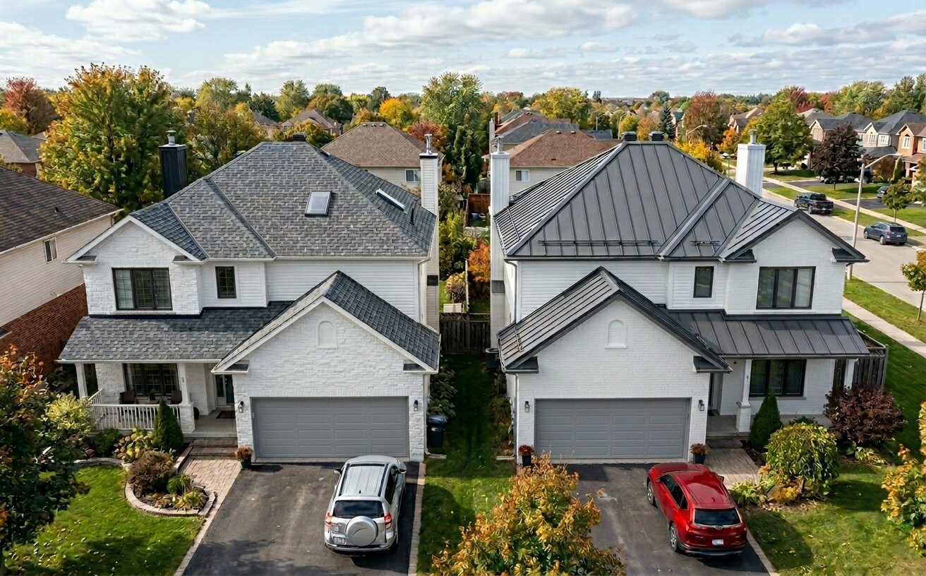 Asphalt shingles vs metal roofing — side-by-side homes showing both materials