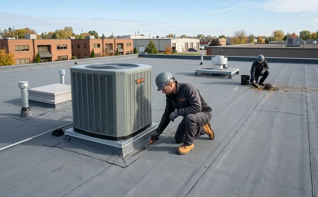 Commercial roof maintenance inspection on a flat roof in the Ottawa Valley