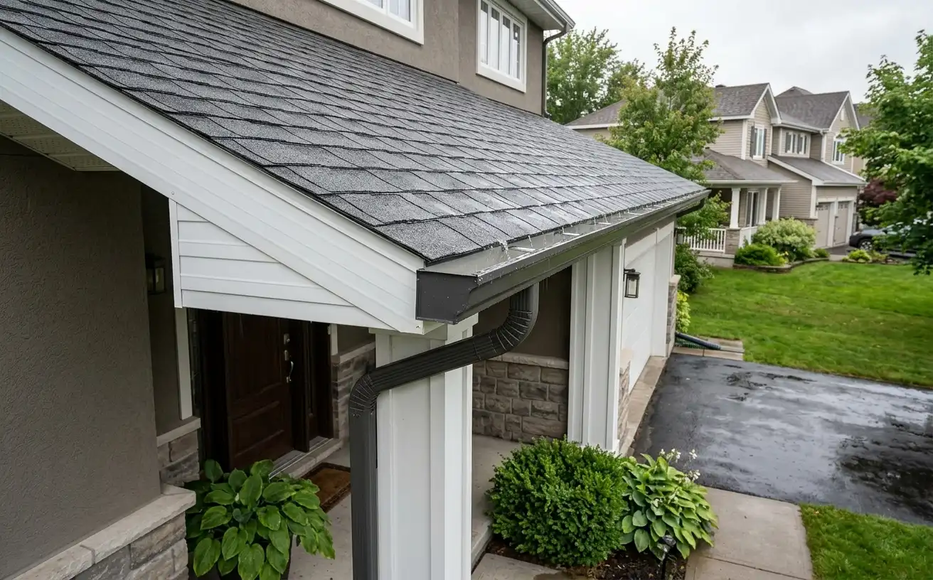 Eavestrough and roof integration — new gutters on a residential home