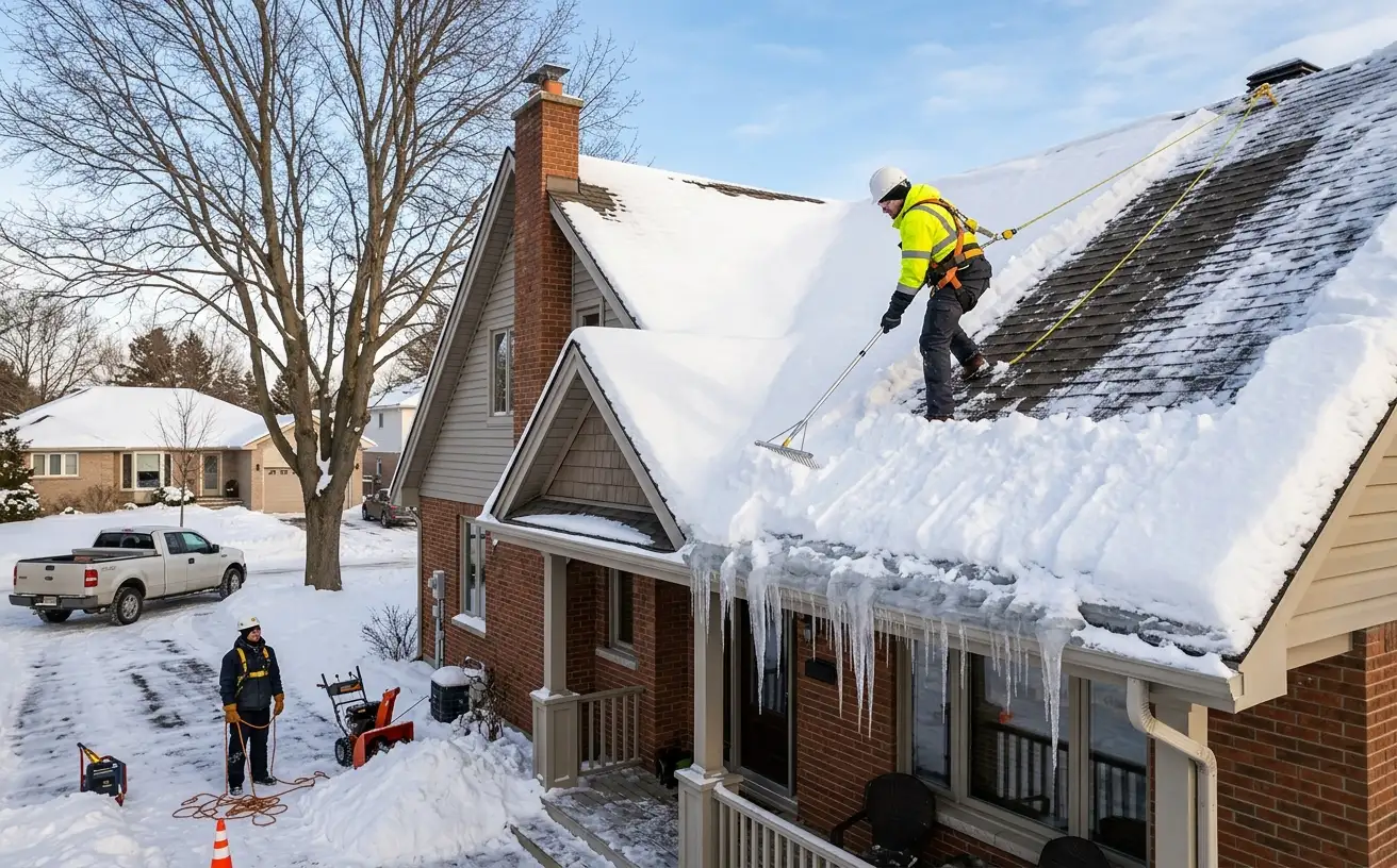 Roof snow and ice removal on an Ottawa Valley home in winter